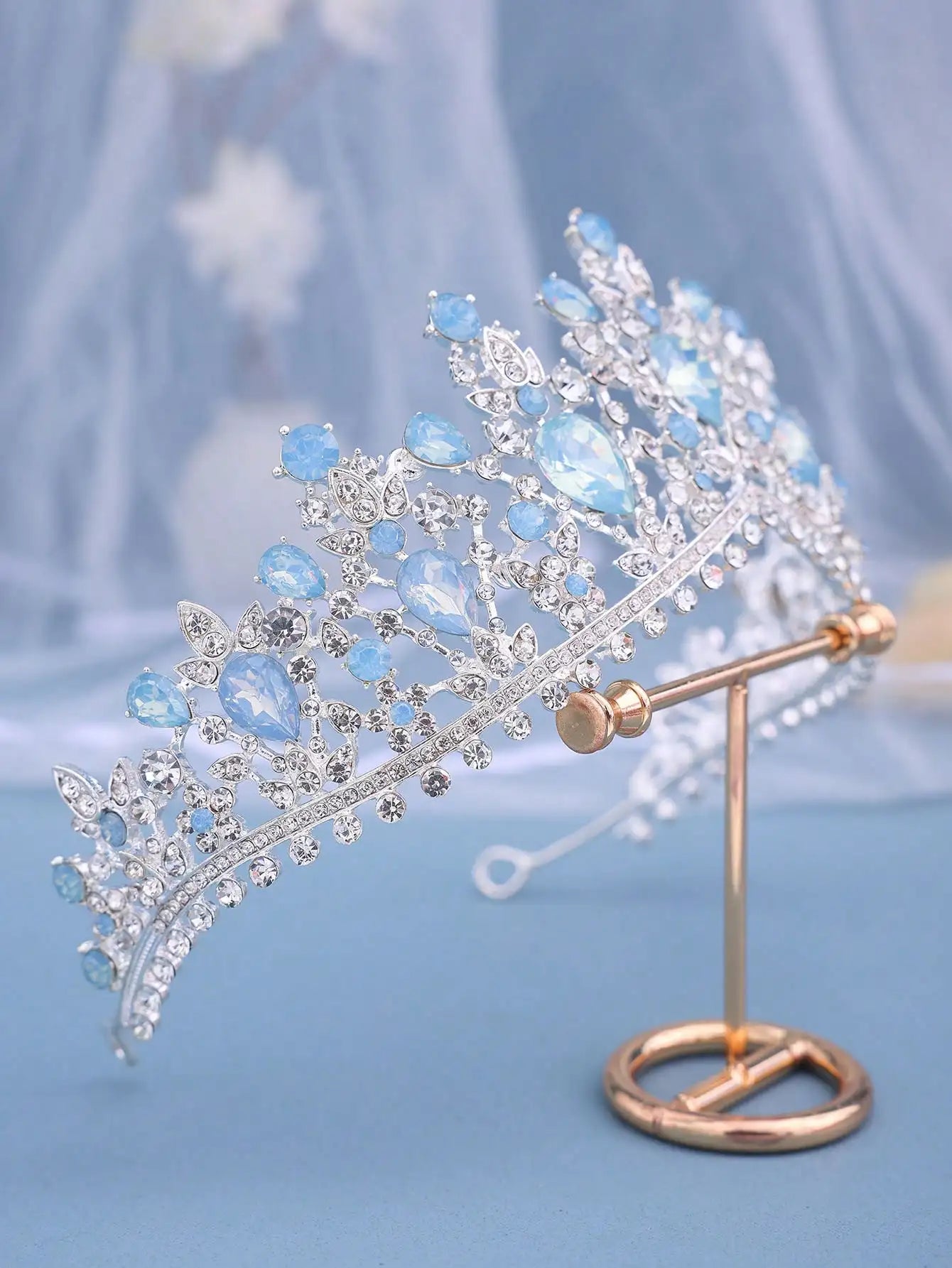 1pc Silver Baroque Style Bridal Crown With Blue Rhinestone, Perfect For Wedding, Party, Dance, Prom, Hair Accessory Elegant