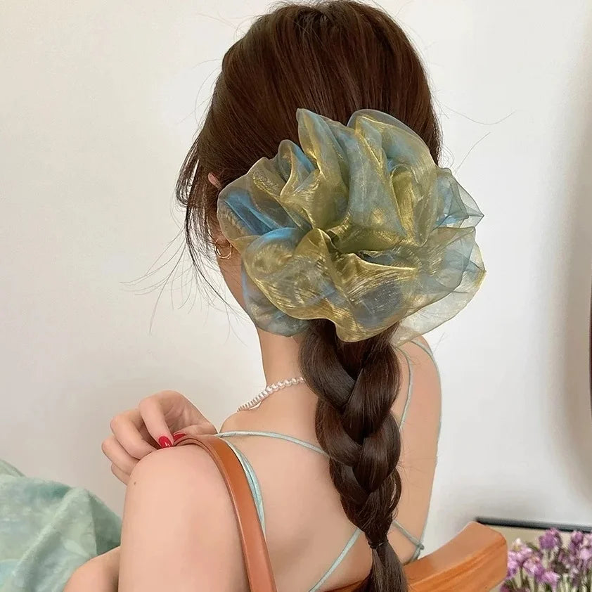 Summer Romantic Lace Mesh Hair Scrunchies For Women Oversized Aurora Shimmer Rope Bands Sweet Elastic Hair Band Hair Accessories